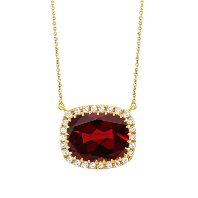 Doves Cushion Cut Garnet & Diamond Halo Necklace in Yellow Gold, 18"