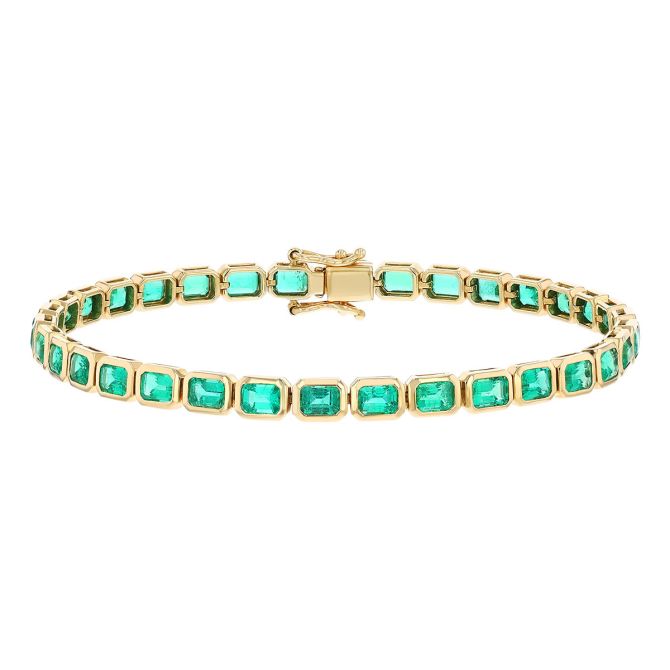 Emerald Cut Emerald Bezel Set Tennis Bracelet in Yellow Gold, 7"