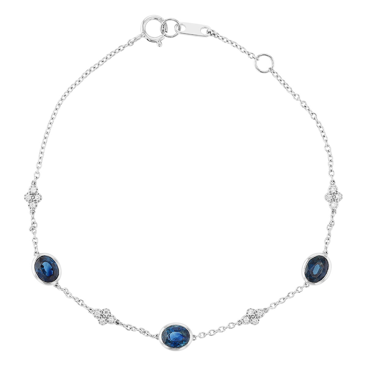 3 Oval Blue Sapphire & Diamond Cluster Station Bracelet in White Gold, 7