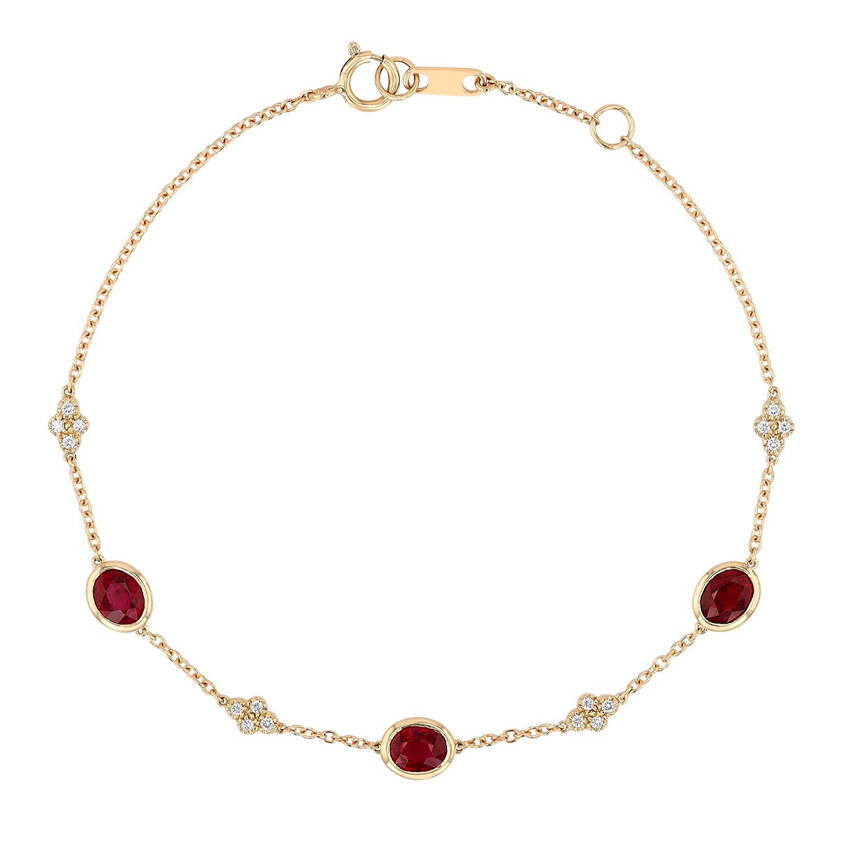 Bezel Set Oval Ruby & Diamond Cluster Station Bracelet in Yellow Gold, 7