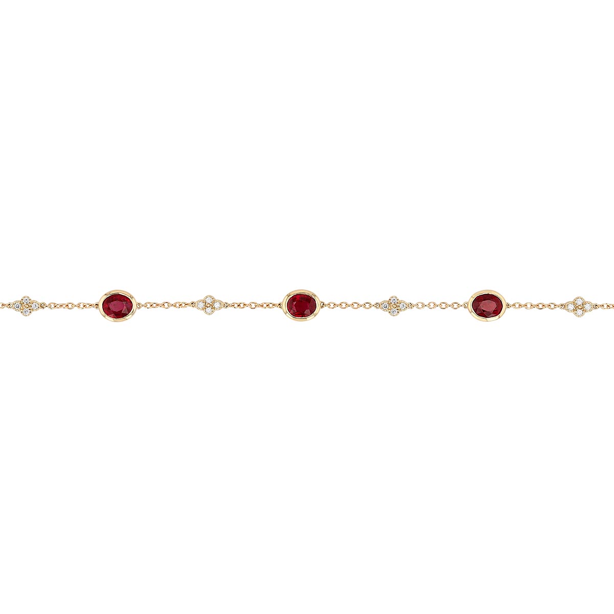 Bezel Set Oval Ruby & Diamond Cluster Station Bracelet in Yellow Gold, 7