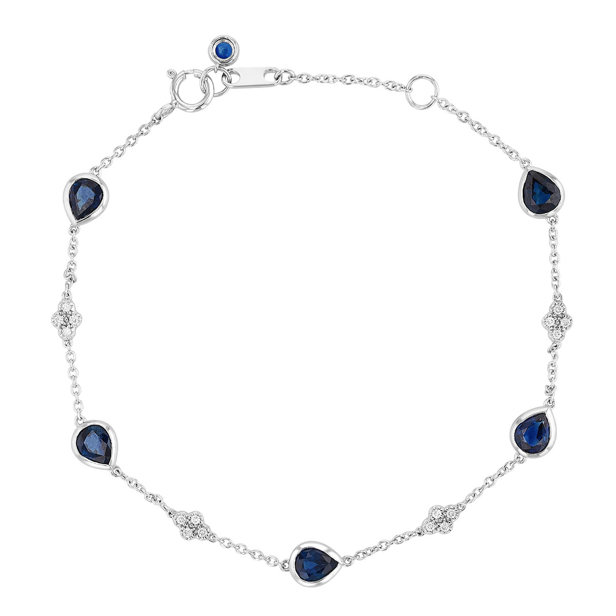 Pear Shaped Blue Sapphire & Diamond Cluster Station Bracelet in White Gold, 7