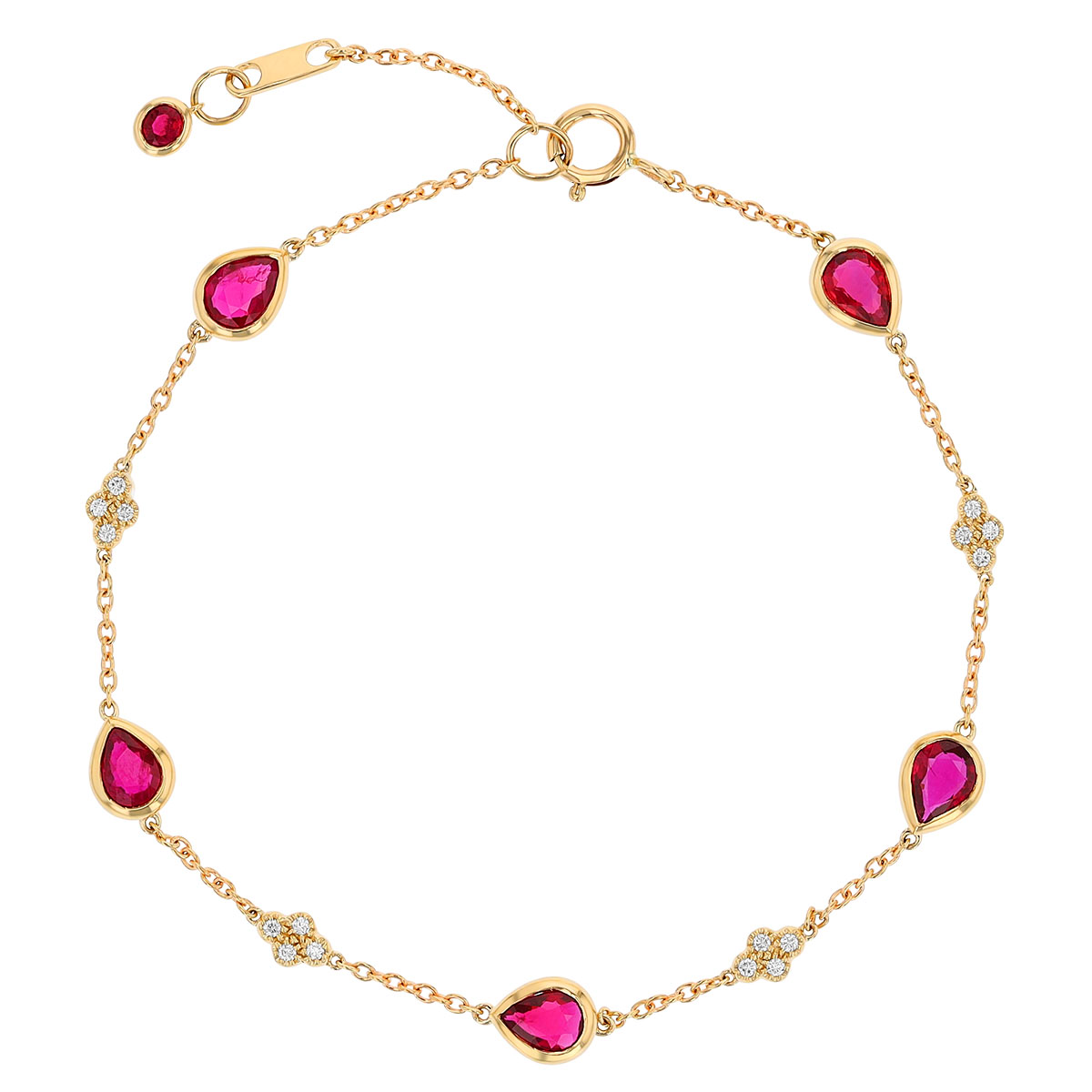 Bezel Set Pear Shape Ruby & Diamond Cluster Station Bracelet in Yellow Gold, 7
