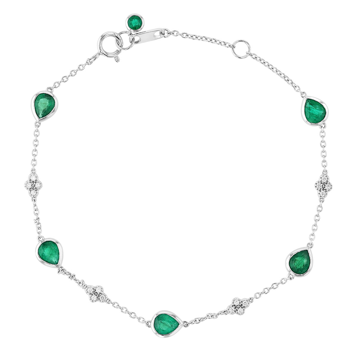 Pear Shaped Emerald & Diamond Cluster Station Bracelet in White Gold, 7