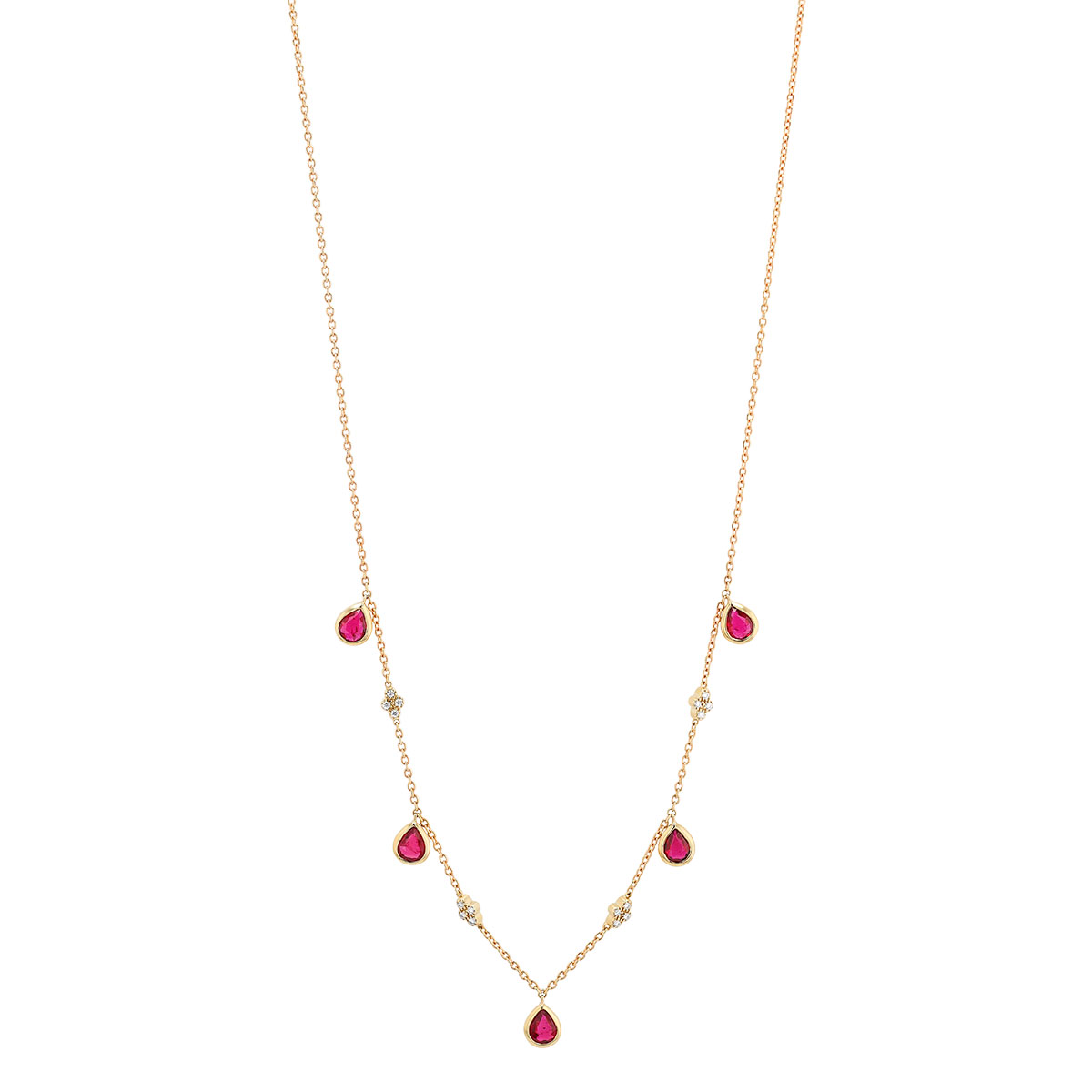 5 Pear Shaped Ruby & Diamond Cluster Station Necklace in Yellow Gold, 16