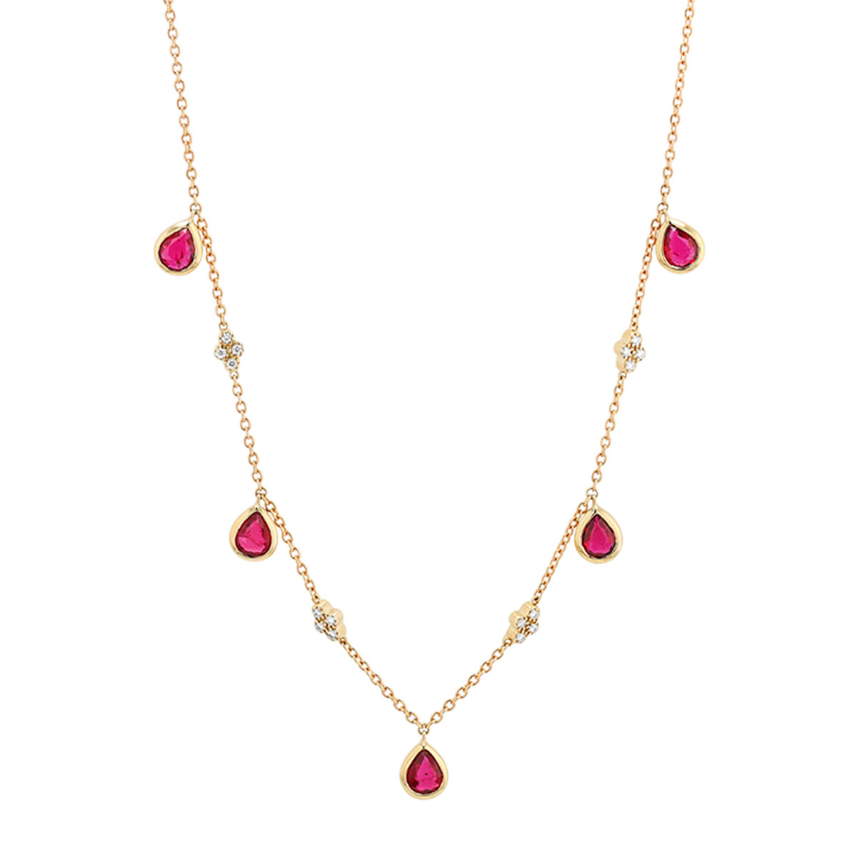 5 Pear Shaped Ruby & Diamond Cluster Station Necklace in Yellow Gold, 16