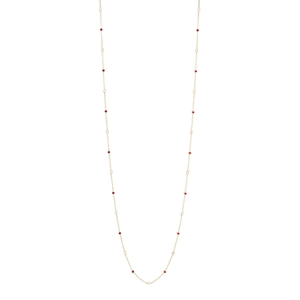 Ruby & Marquise Diamond Bezel Set Station By  Yard Necklace in Yellow Gold, 33