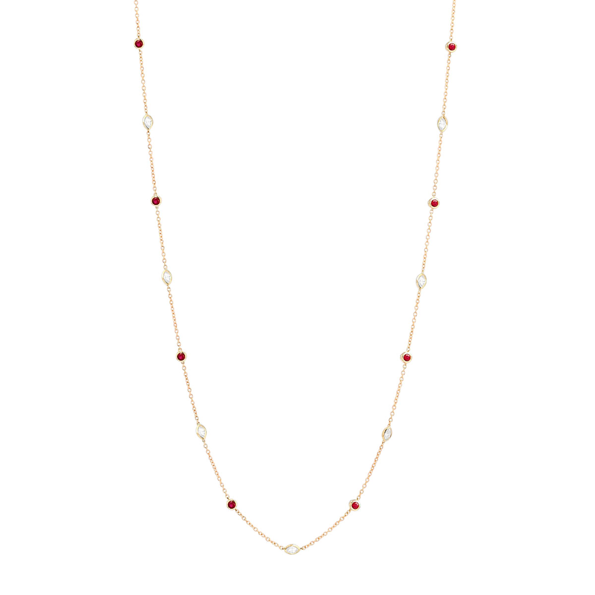 Ruby & Marquise Diamond Bezel Set Station By  Yard Necklace in Yellow Gold, 33