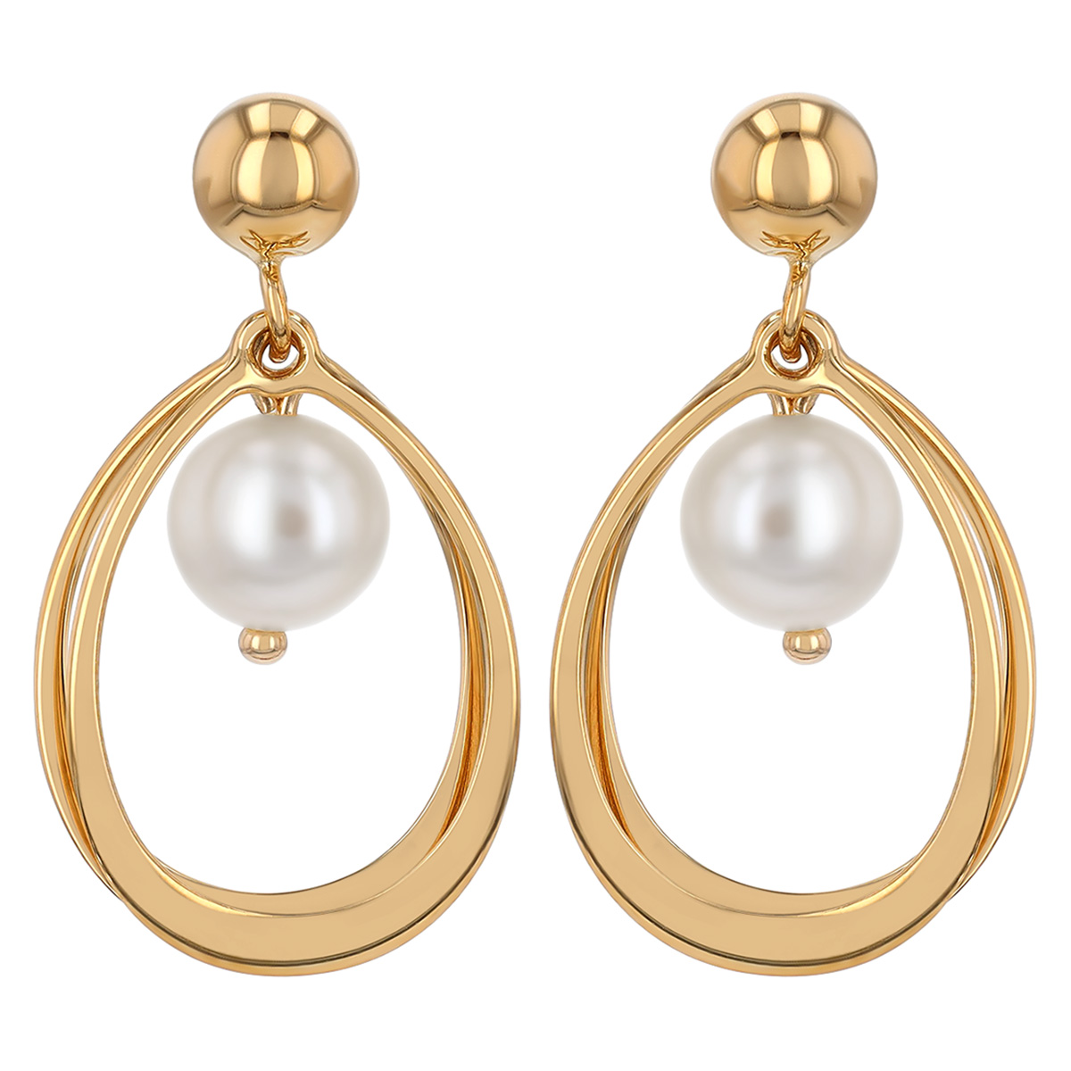 White Cultured Pearl & Open Teardrop Dangle Earrings in Yellow Gold