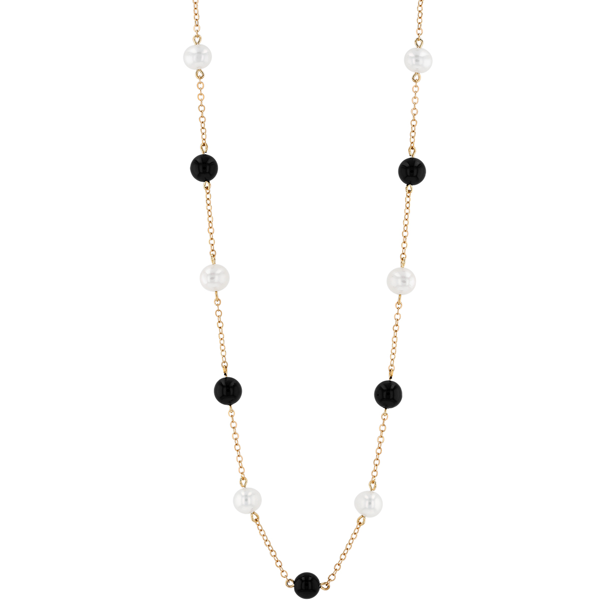 Black Onyx Chalcedony & White Cultured Pearl Station Necklace in Yellow Gold, 18