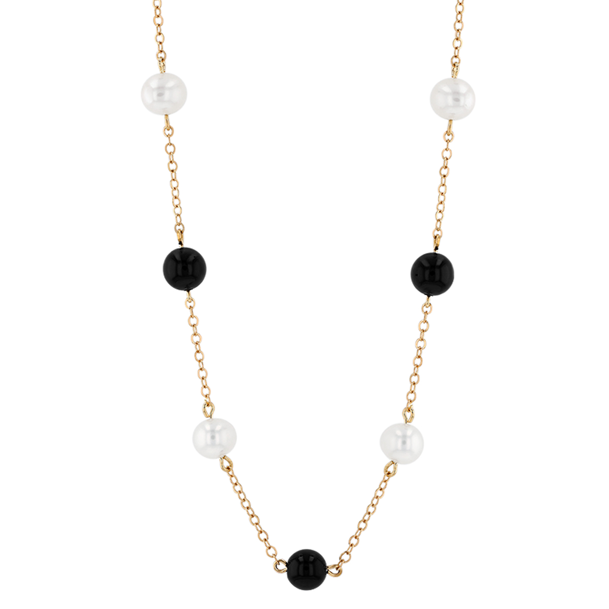 Black Onyx Chalcedony & White Cultured Pearl Station Necklace in Yellow Gold, 18