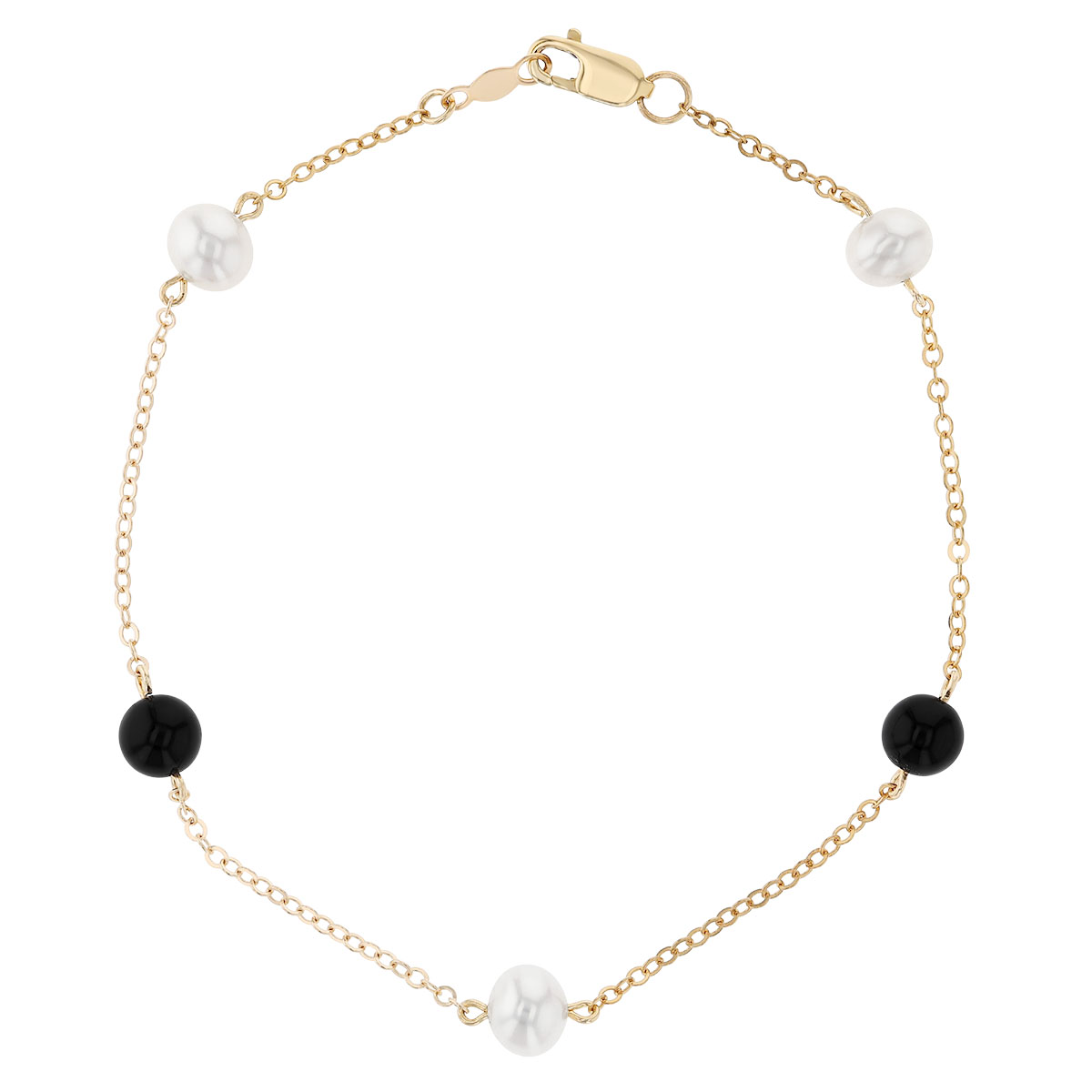 Cultured Pearl & Black Onyx Station Bracelet in Yellow Gold, 7