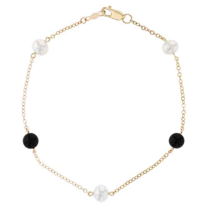 Cultured Pearl & Black Onyx Station Bracelet in Yellow Gold, 7"