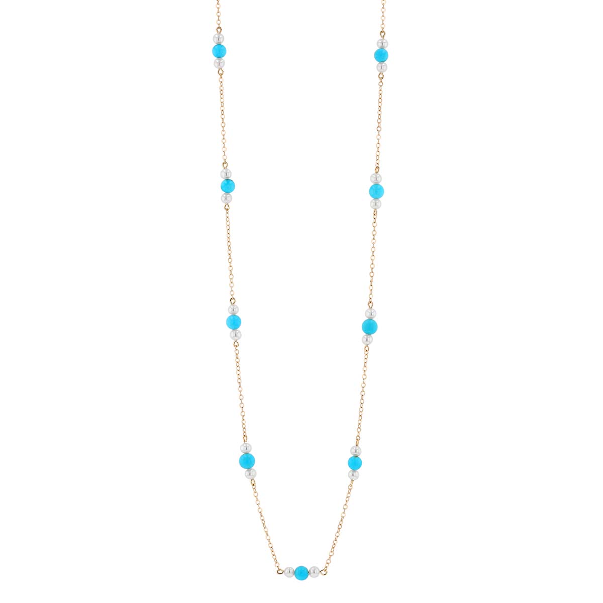 Freshwater Cultured Pearl & Turquoise Station by Yard Necklace in Yellow Gold, 18