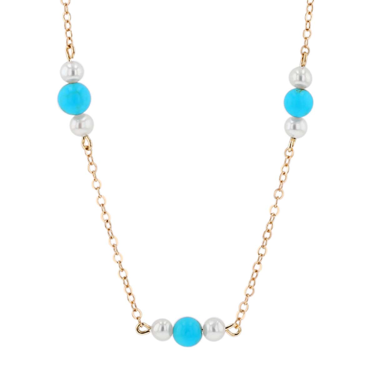 Freshwater Cultured Pearl & Turquoise Station by Yard Necklace in Yellow Gold, 18