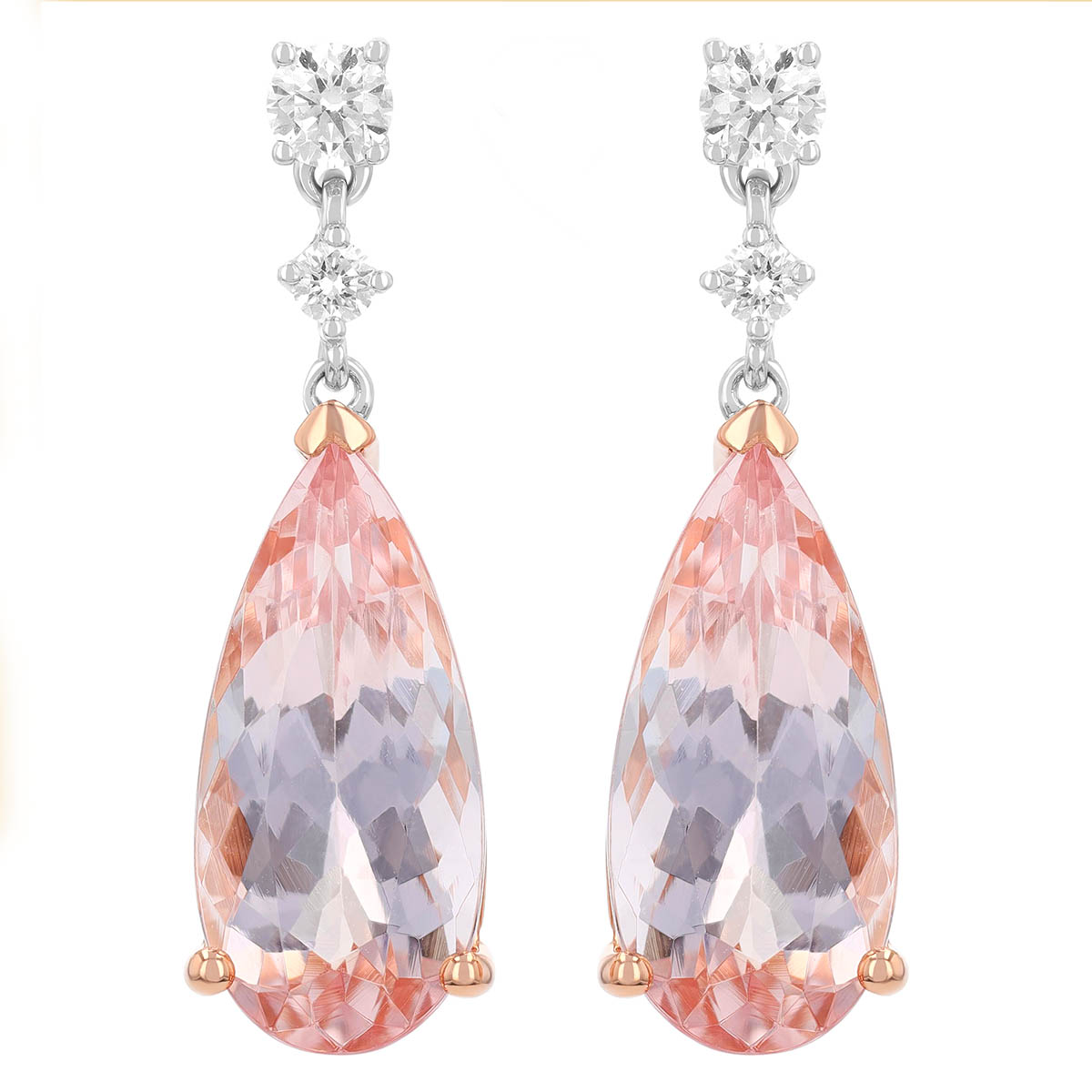 Pear Shape Morganite & Diamond Dangle Earrings in Rose & White Gold