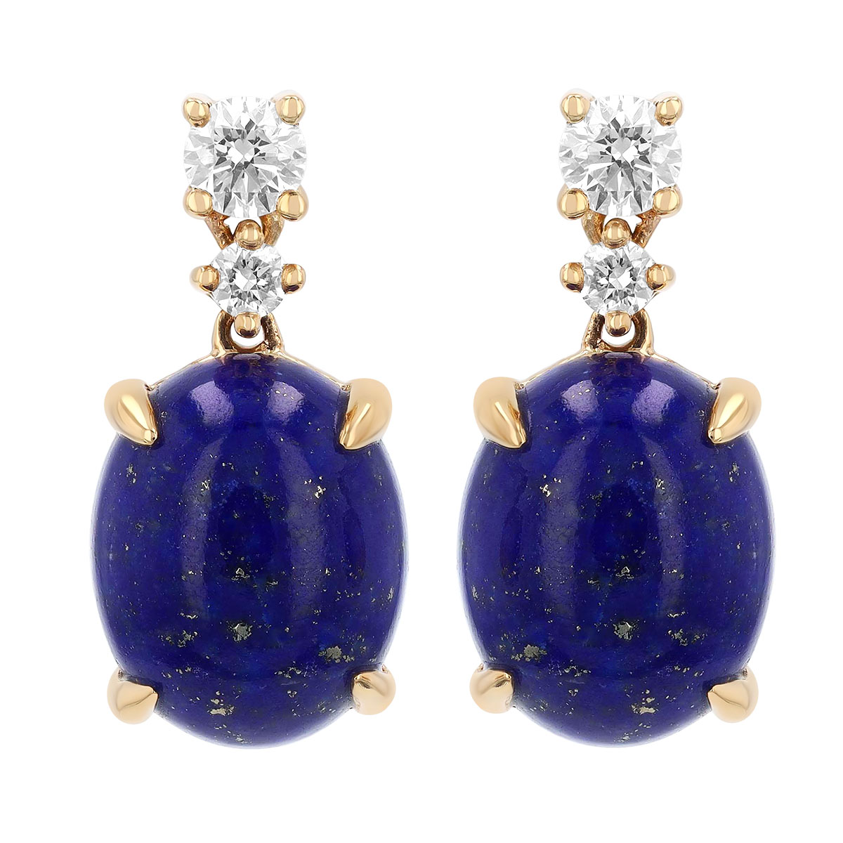 Oval Cabochon Lapis Lazuli & Diamond Dangle Earrings in Yellow Gold