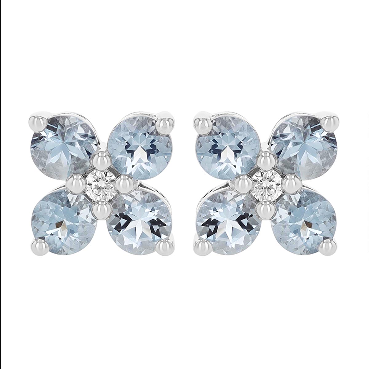 Aquamarine & Diamond 4 Petal Flower Stud Earrings in White Gold