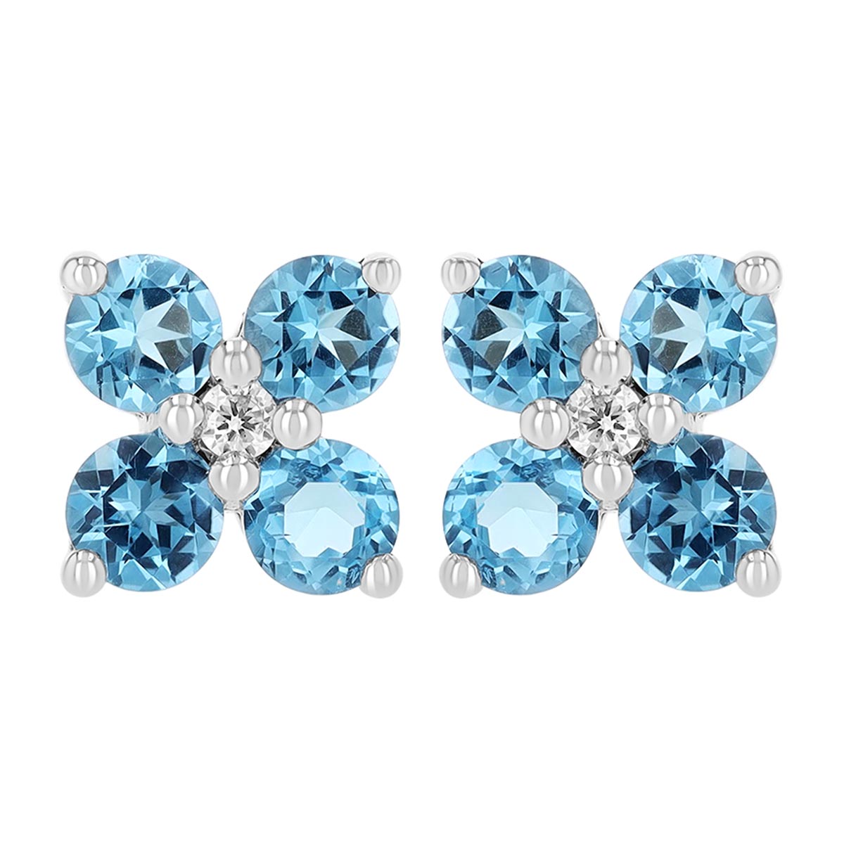 Blue Topaz & Diamond 4 Petal Flower Stud Earrings in White Gold