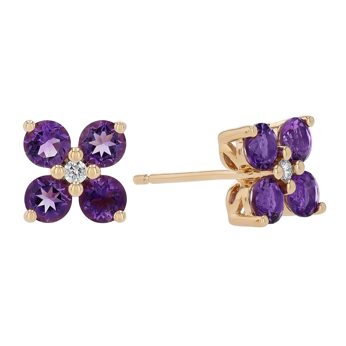 Amethyst & Diamond 4 Petal Flower Stud Earrings in Yellow Gold