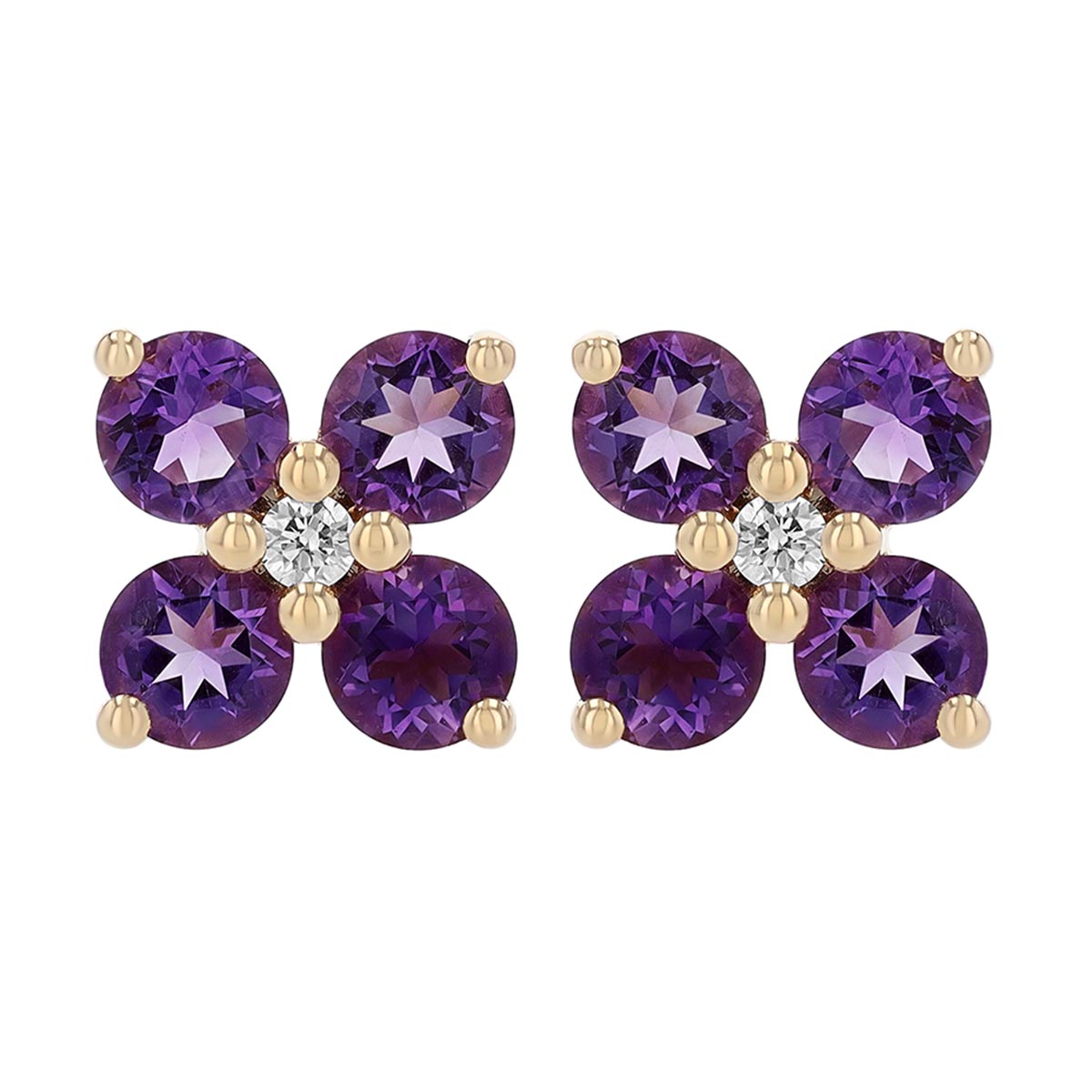 Amethyst & Diamond 4 Petal Flower Stud Earrings in Yellow Gold