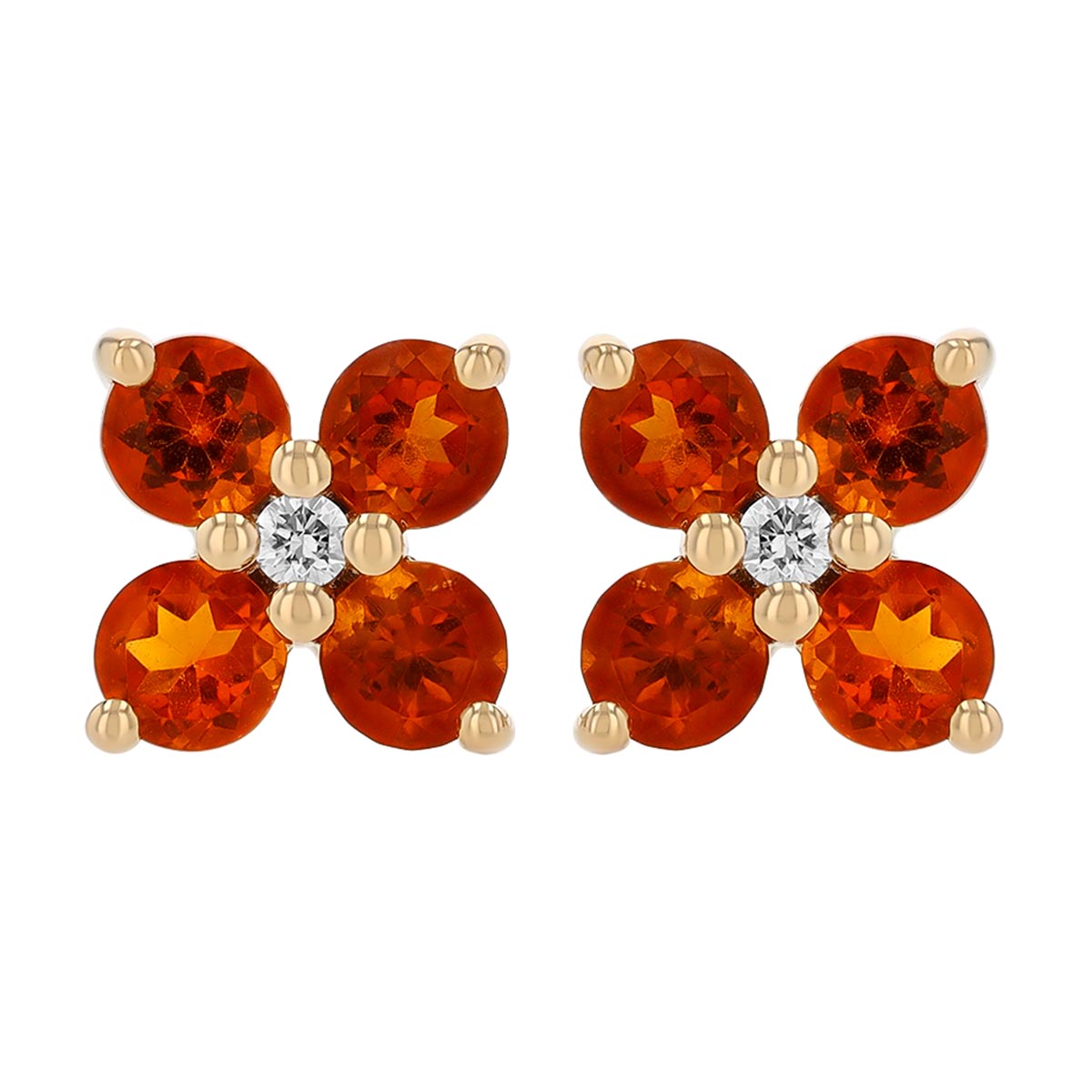 Citrine & Diamond 4 Petal Flower Stud Earrings in Yellow Gold