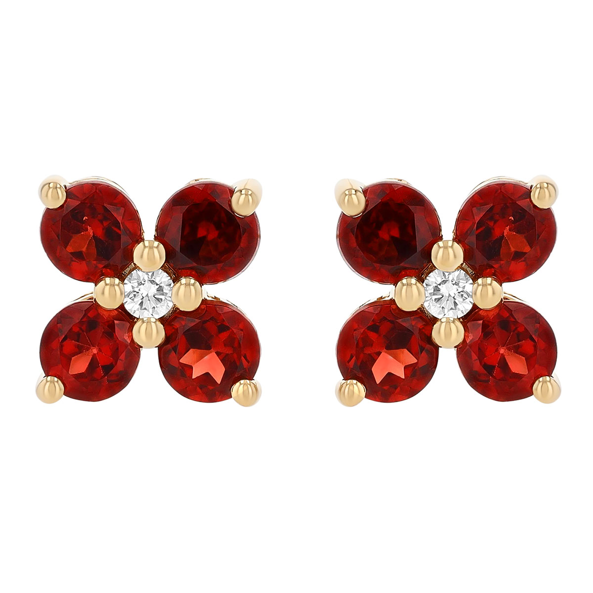 Garnet & Diamond 4 Petal Flower Stud Earrings in Yellow Gold
