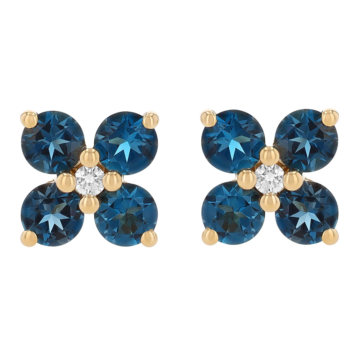 London Blue Topaz & Diamond 4 Petal Flower Stud Earrings in Yellow Gold