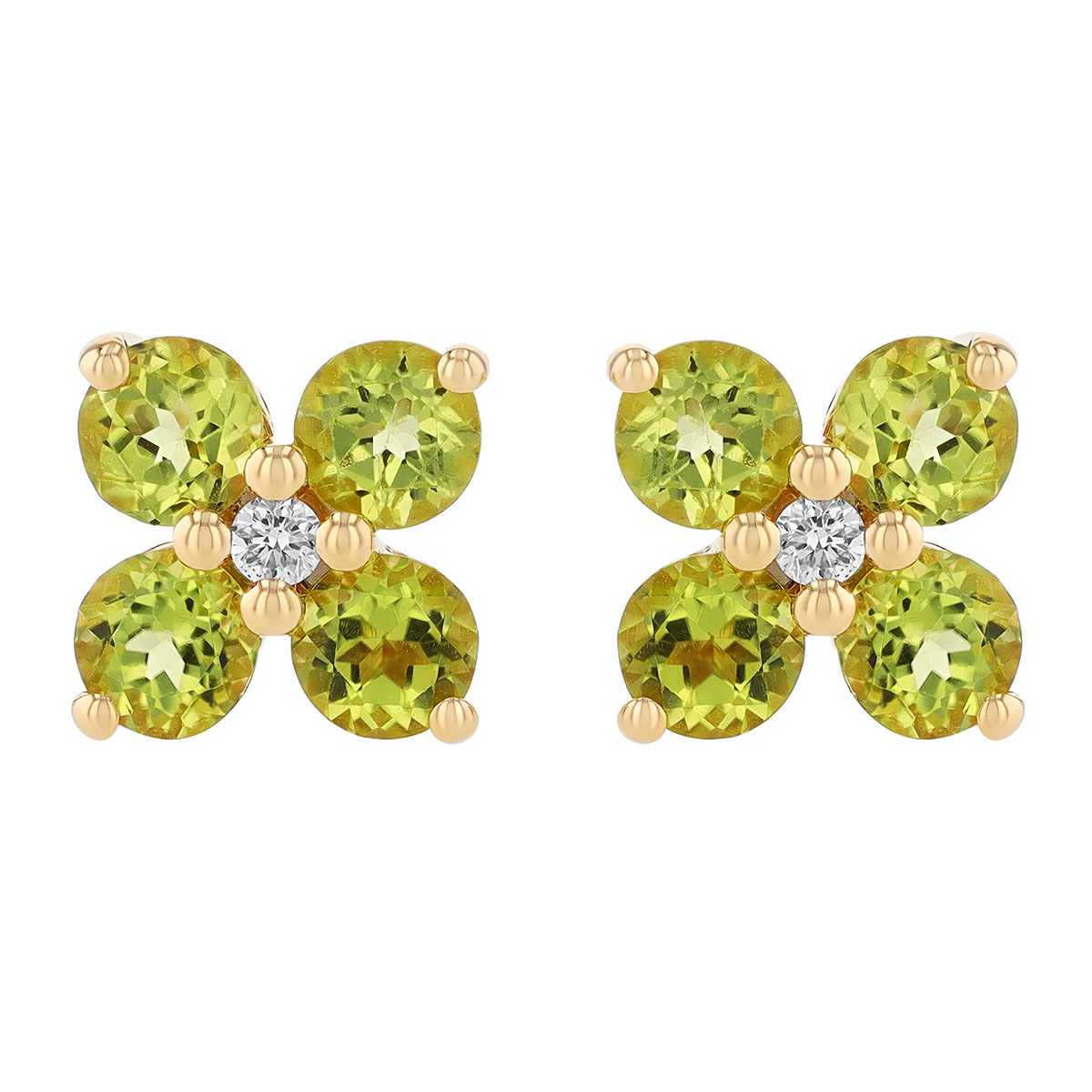 Peridot & Diamond 4 Petal Flower Stud Earrings in Yellow Gold