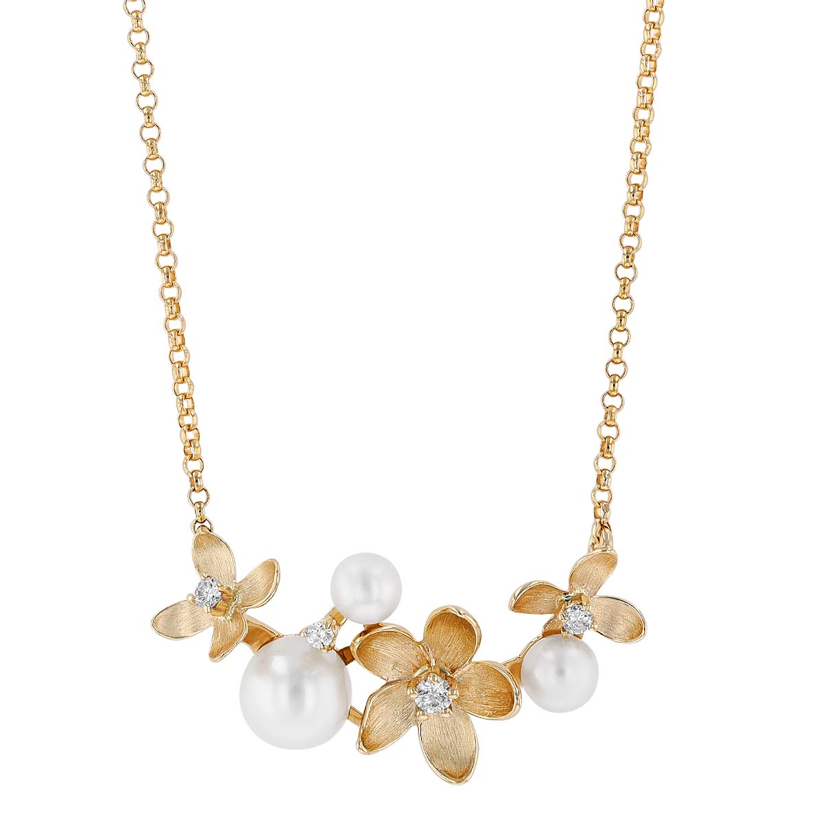 Freshwater White Cultured Pearl & Diamond Flower Curved Bar Necklace in Yellow Gold, 18