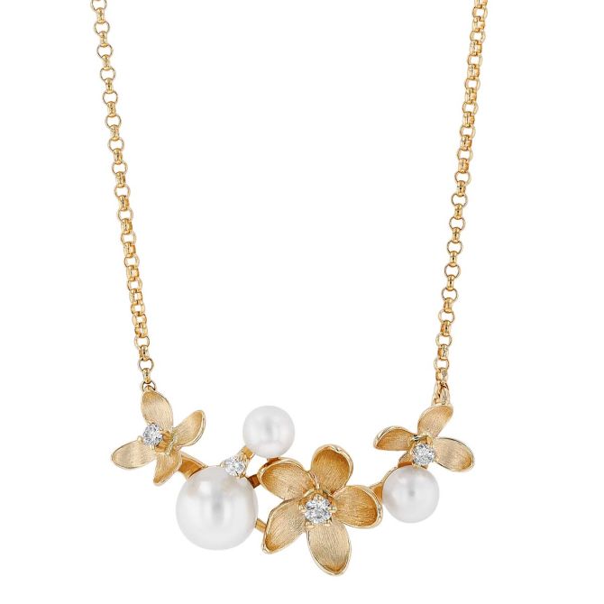 Freshwater White Cultured Pearl & Diamond Flower Curved Bar Necklace in Yellow Gold, 18"