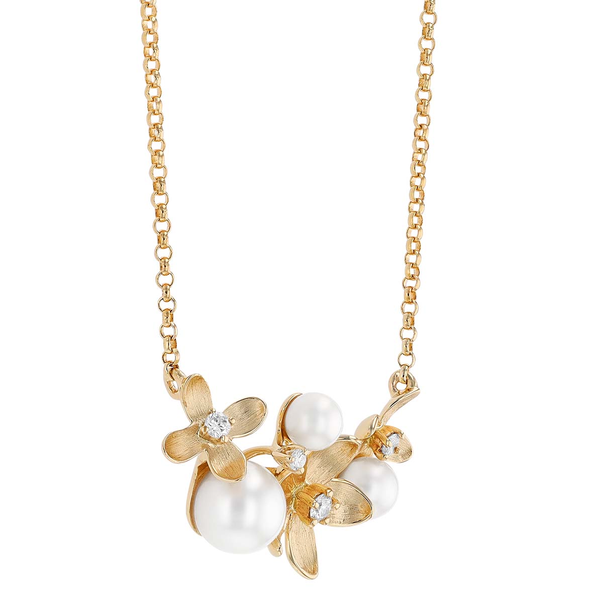 Freshwater White Cultured Pearl & Diamond Flower Curved Bar Necklace in Yellow Gold, 18