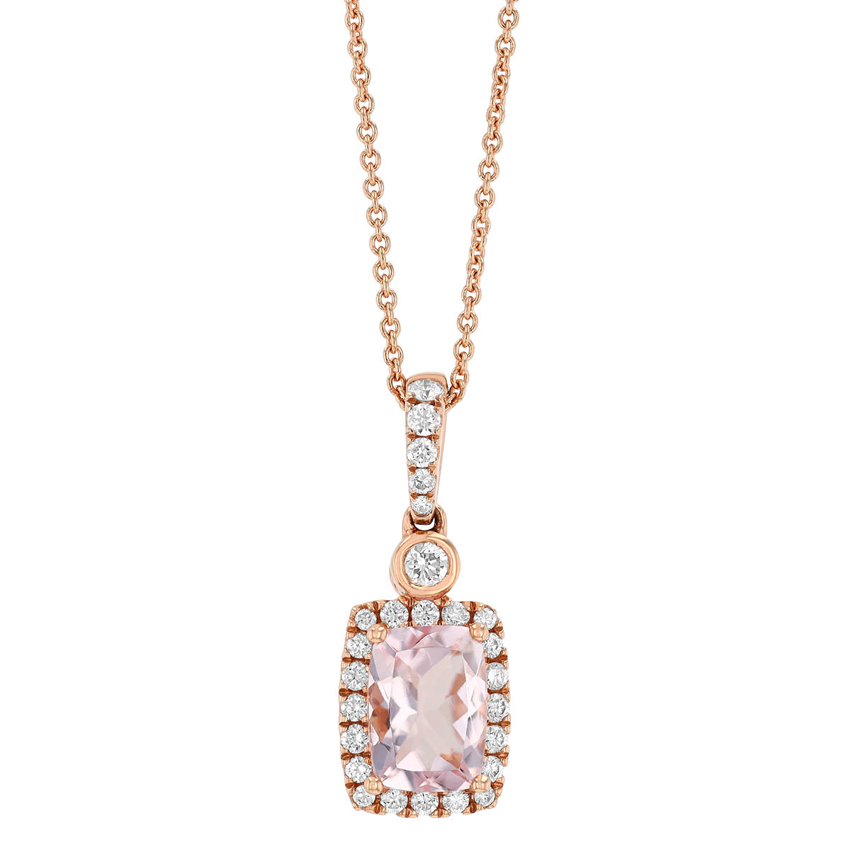 Cushion Cut Morganite & Diamond Halo Pendant in Rose Gold, 18
