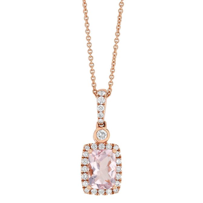 Cushion Cut Morganite & Diamond Halo Pendant in Rose Gold, 18"