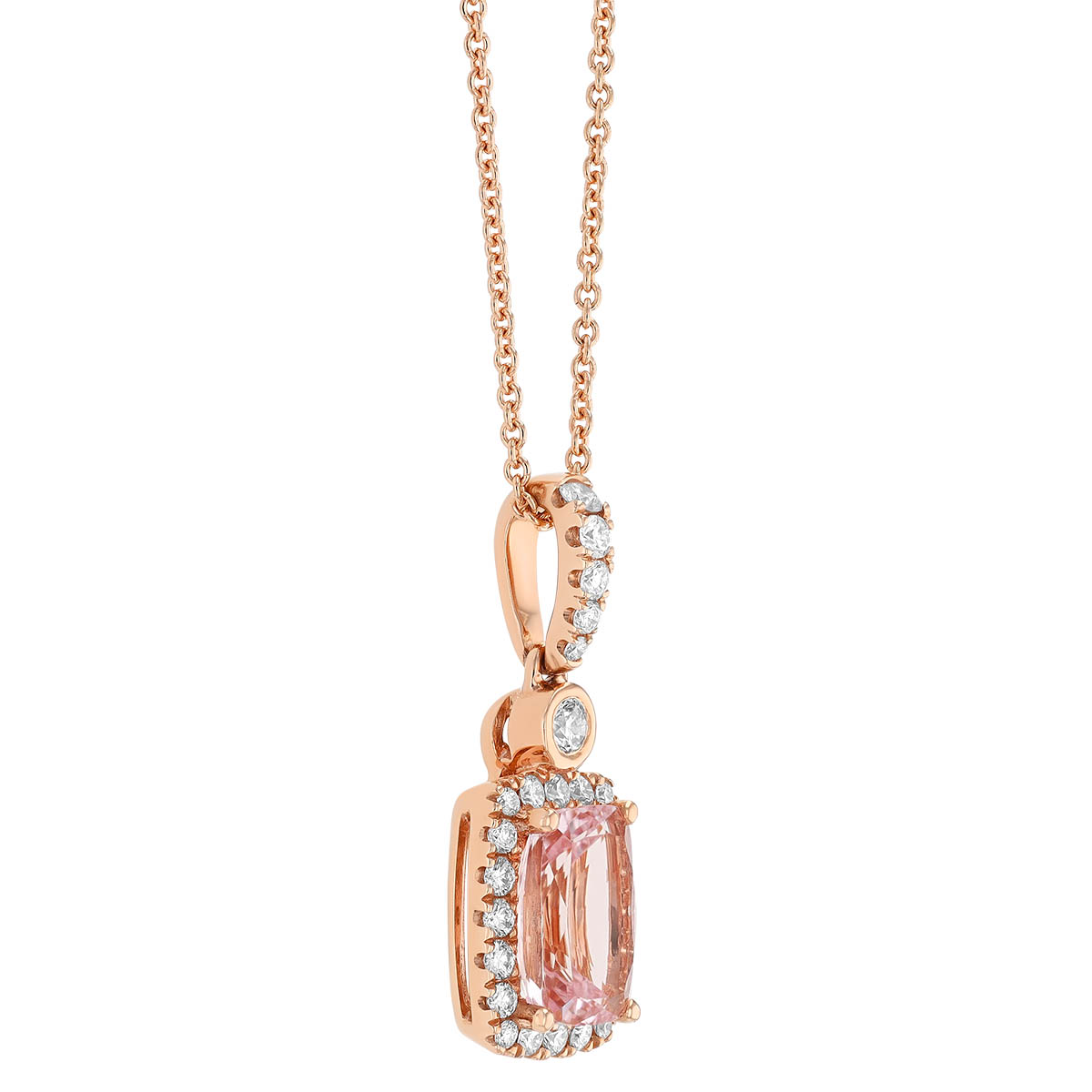 Cushion Cut Morganite & Diamond Halo Pendant in Rose Gold, 18