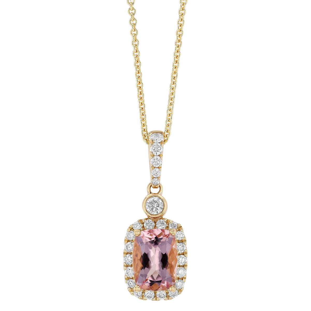 Cushion Cut Morganite & Diamond Halo Pendant in Rose Gold, 18