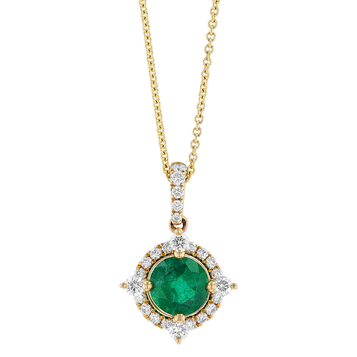 Round Emerald & Pointed Diamond Halo Pendant in Yellow Gold, 18