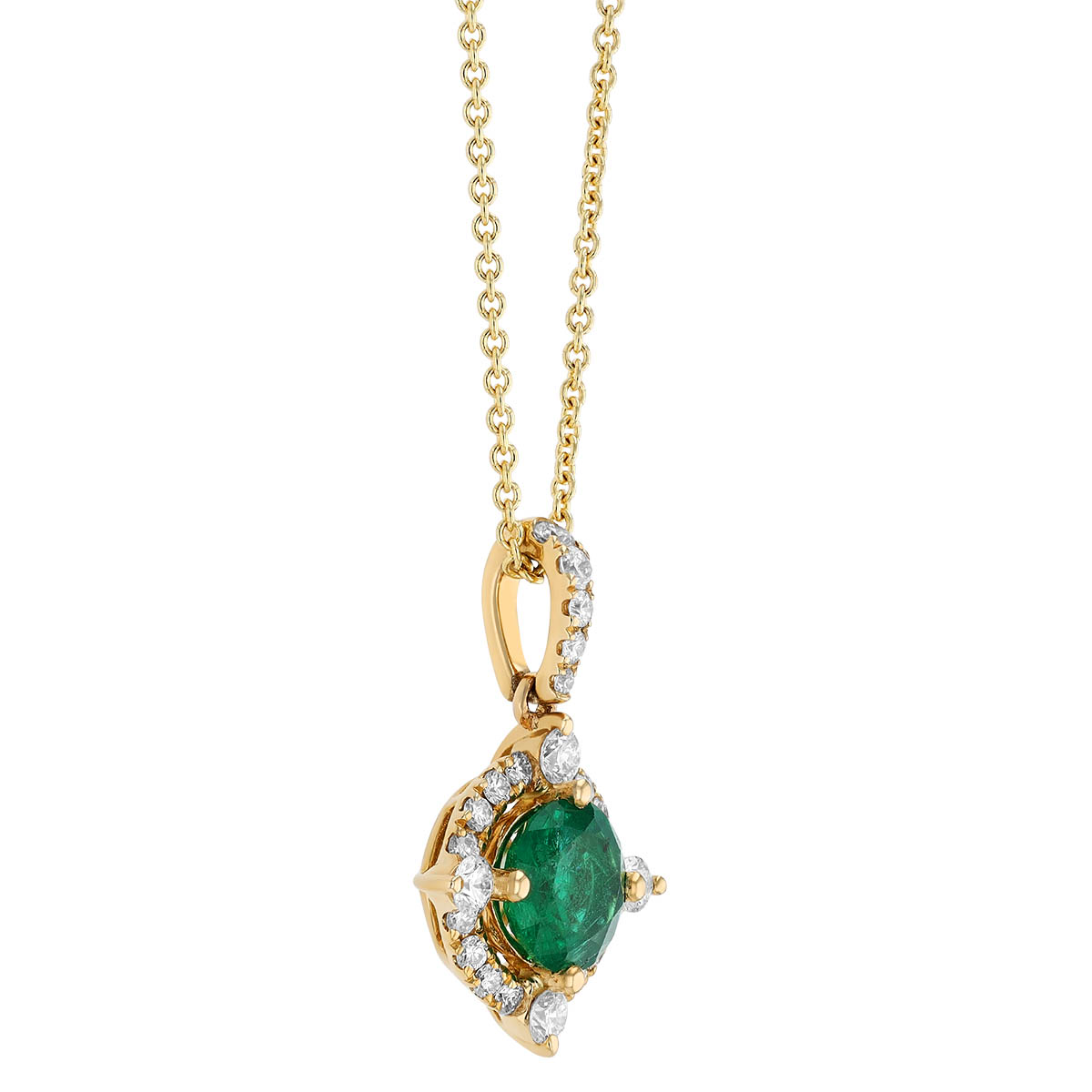 Round Emerald & Pointed Diamond Halo Pendant in Yellow Gold, 18