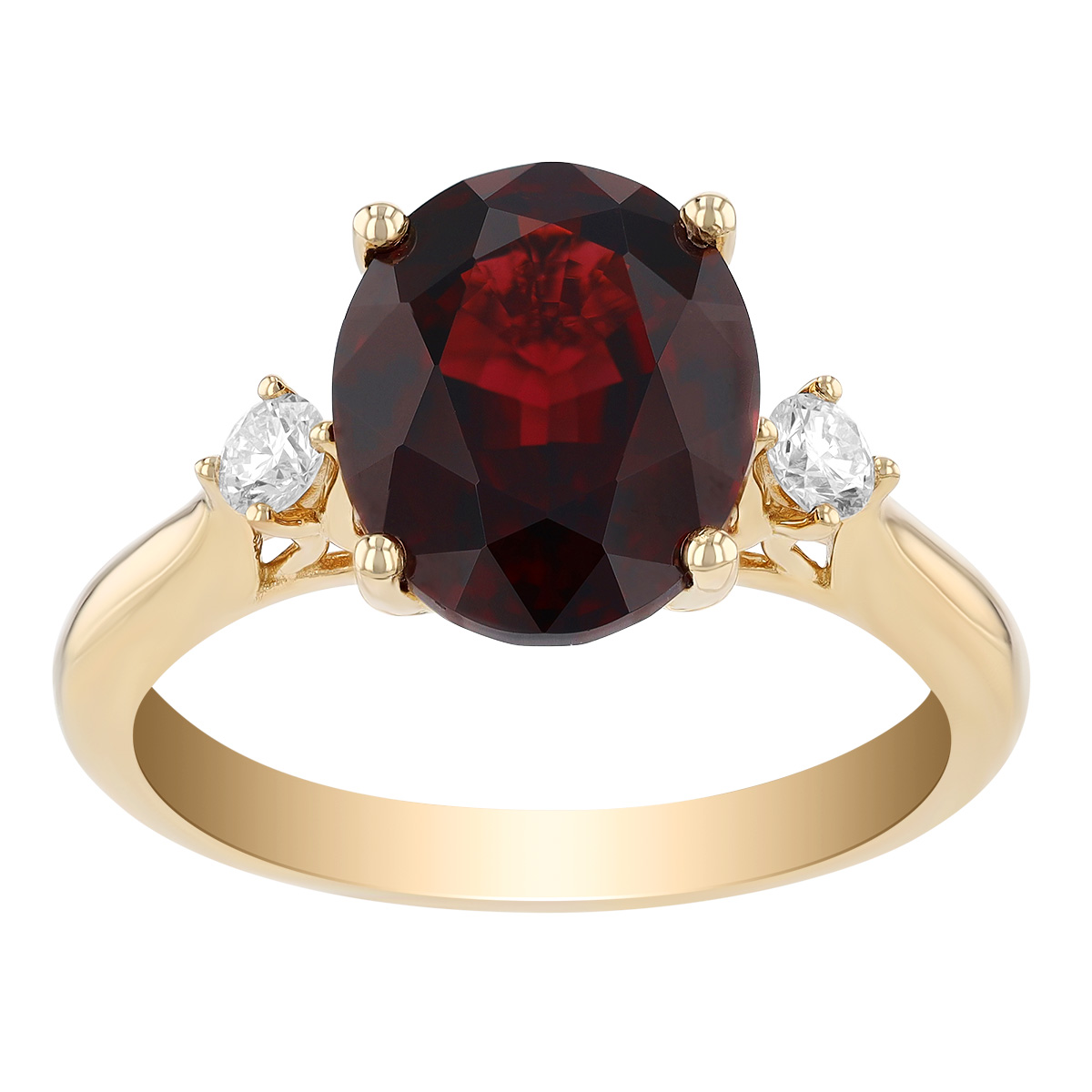 Oval Garnet & Diamond 3 Stone Ring in Yellow Gold