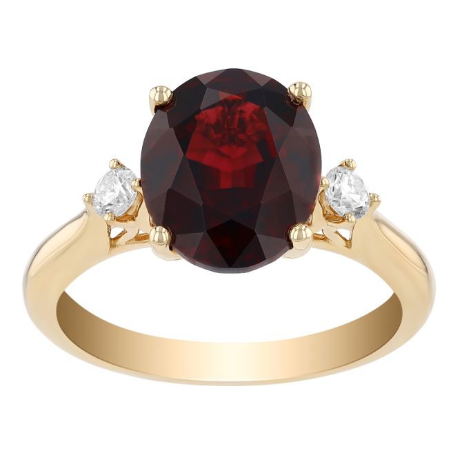 Oval Garnet & Diamond 3 Stone Ring in Yellow Gold
