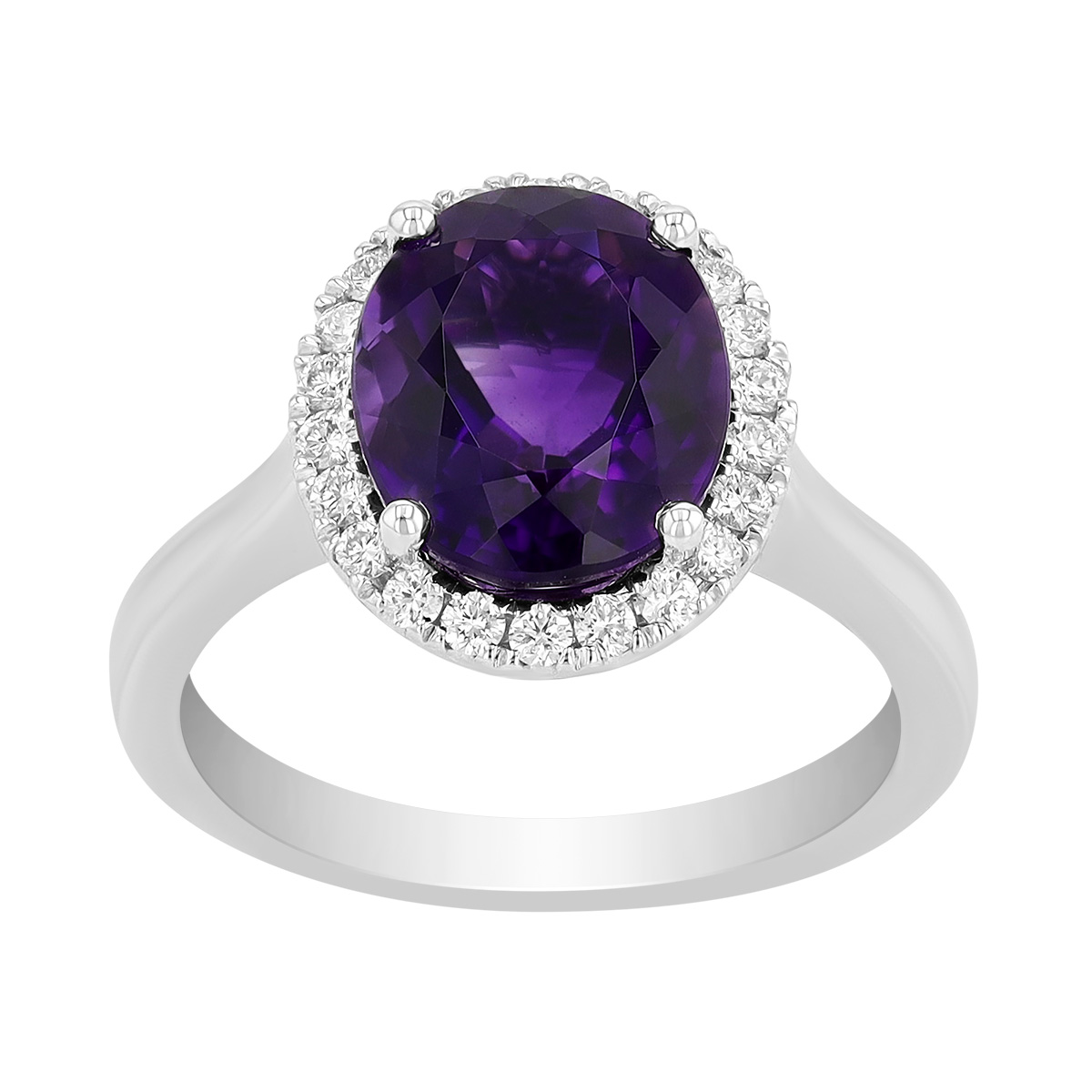 Oval Amethyst & Diamond Halo Ring in White Gold