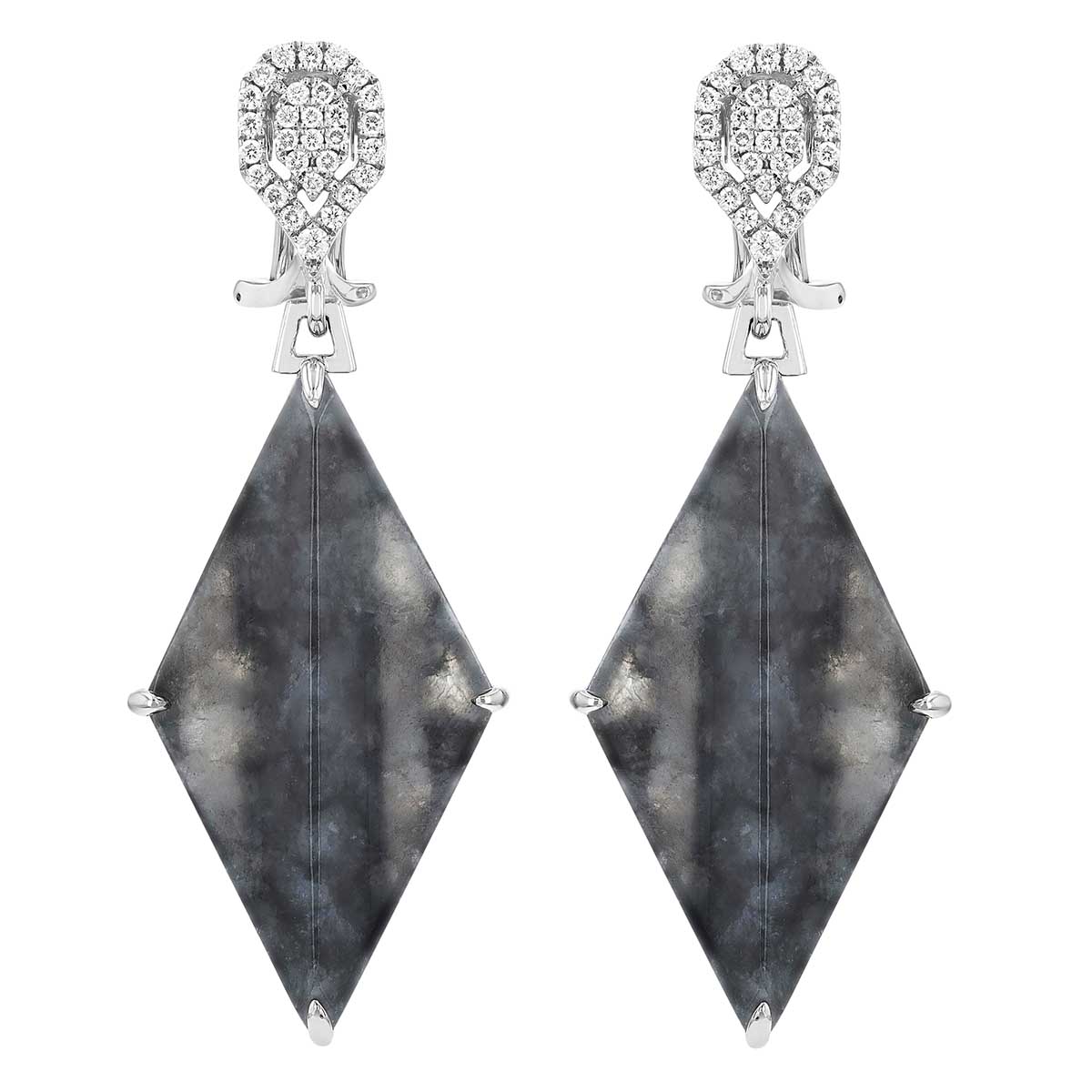 Frederic Sage Kite Shape Grey Stone & Diamond Dangle Earrings in White Gold