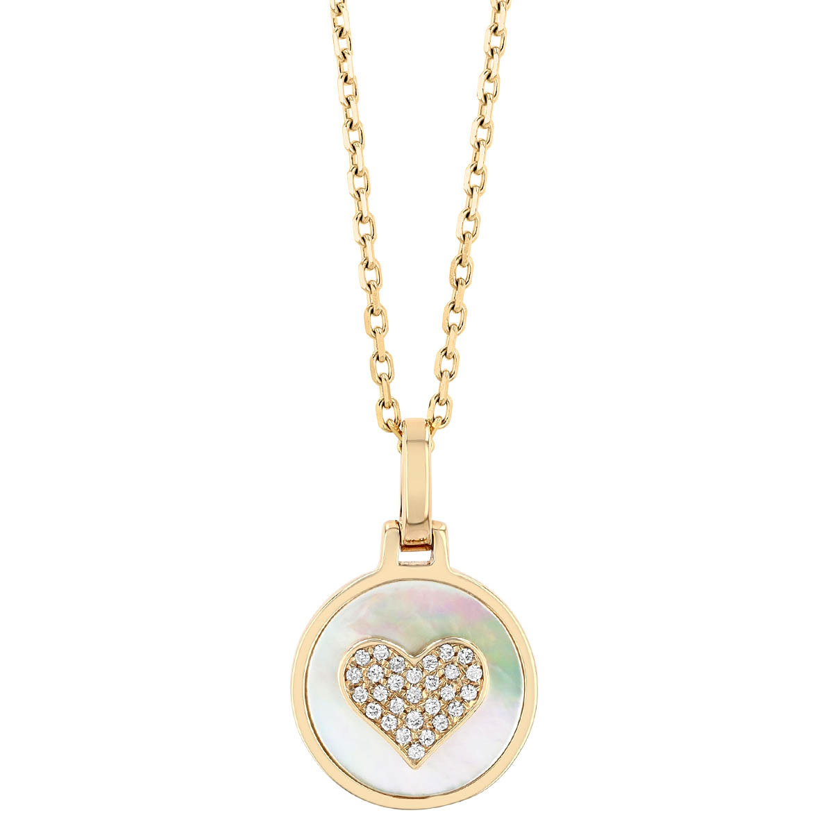 Frederic Sage Diamond Heart & Mother of Pearl Circle Pendant in Yellow Gold