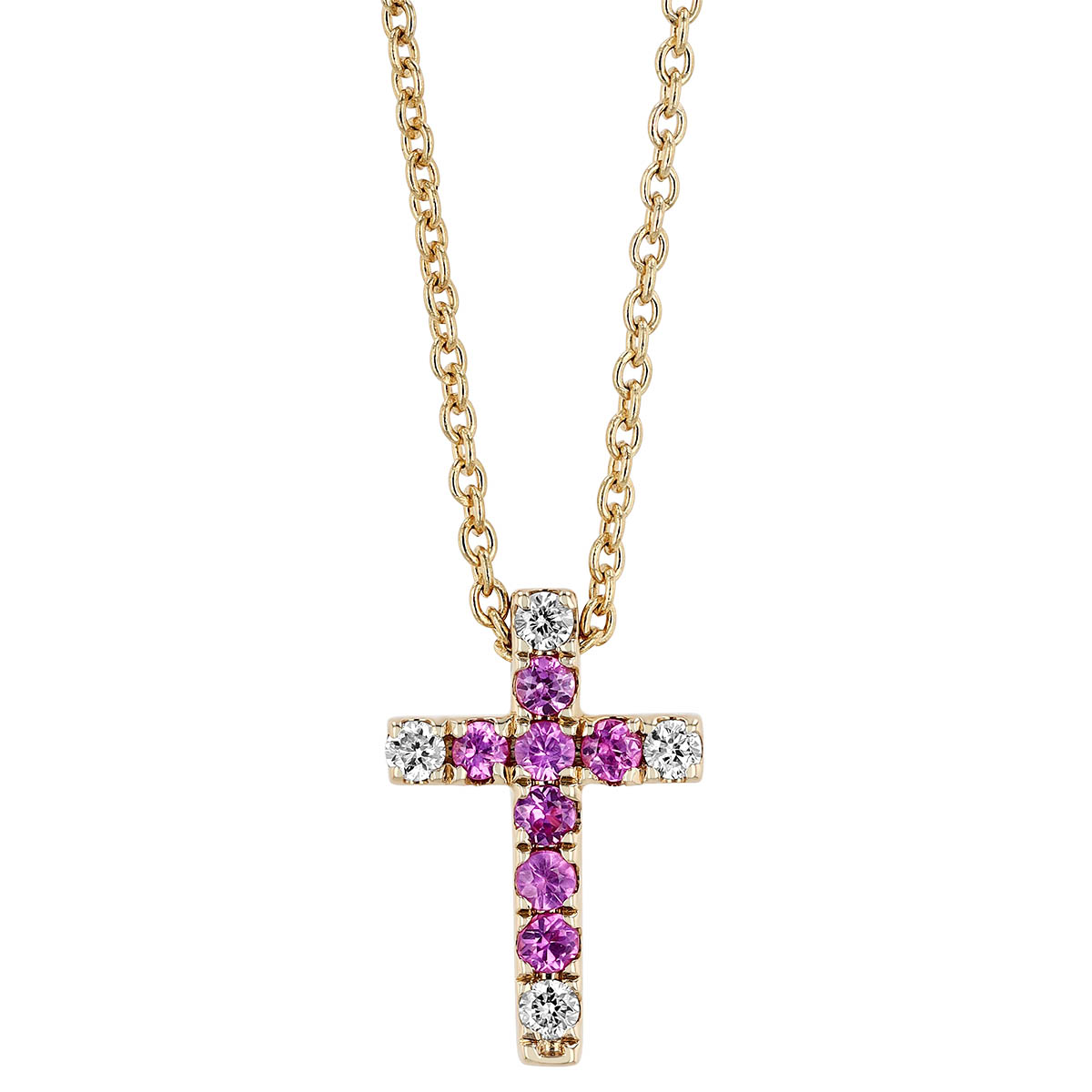 Frederic Sage Pink Sapphire & Diamond Cross Pendant in Yellow Gold