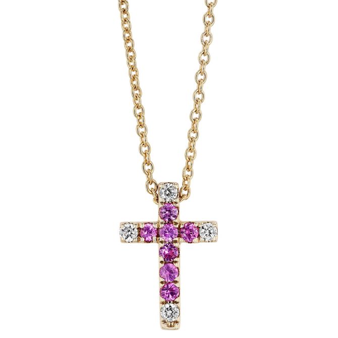 Frederic Sage Pink Sapphire & Diamond Cross Pendant in Yellow Gold