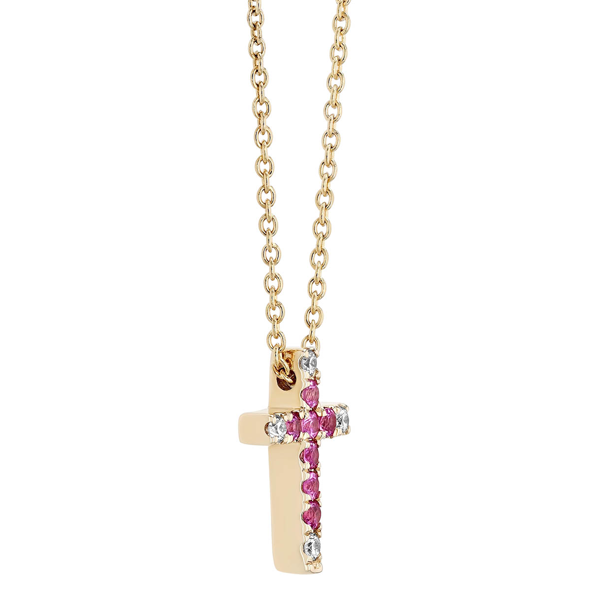 Frederic Sage Pink Sapphire & Diamond Cross Pendant in Yellow Gold