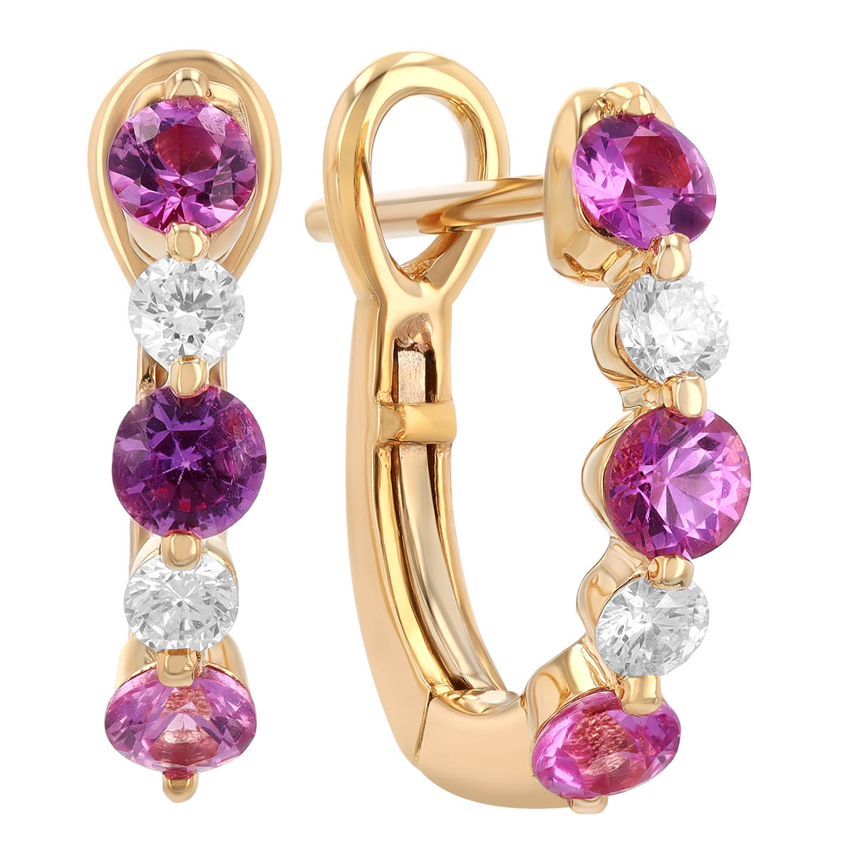 Frederic Sage Pink Sapphire & Diamond Alternating Huggie Hoop Earrings in Yellow Gold