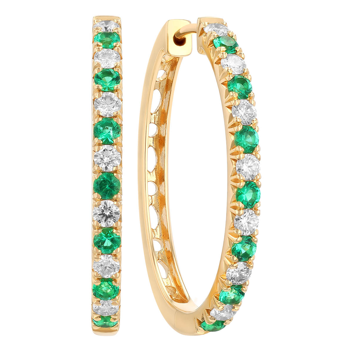 Emerald & Diamond Alternating Oval Hoop Earrings in Yellow Gold