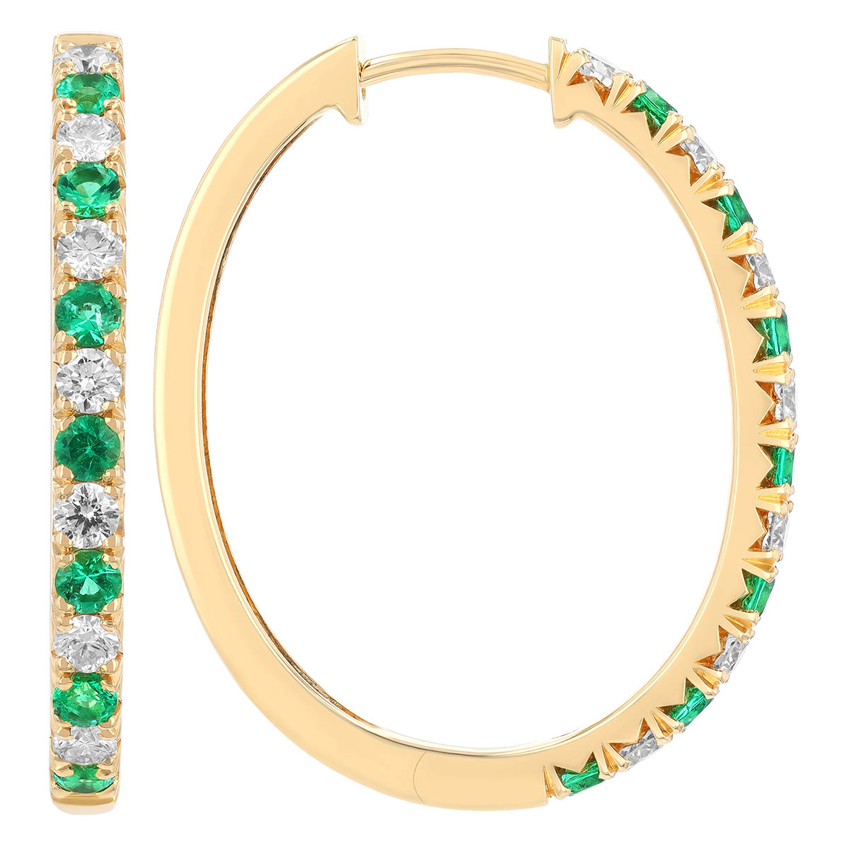 Emerald & Diamond Alternating Oval Hoop Earrings in Yellow Gold