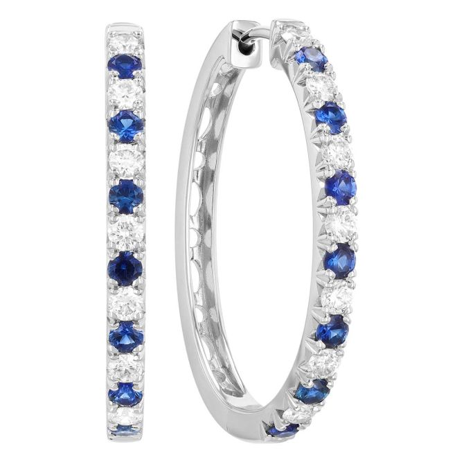 Sapphire & Diamond Alternating Oval Hoop Earrings in White Gold